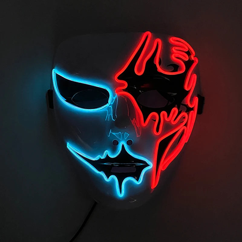 A white mask half-covered in blue and red neon light, with bold lines and dramatic shapes, creating a striking and mysterious appearance in the dark.