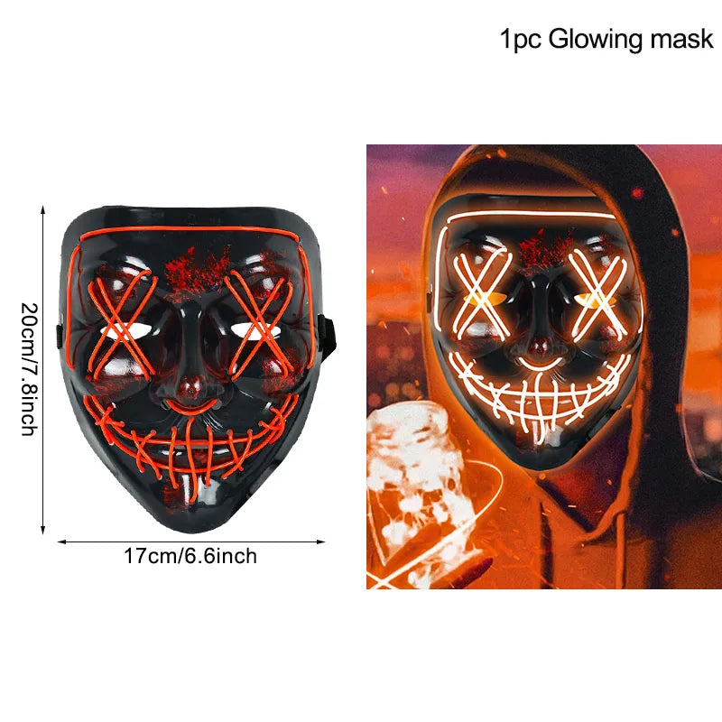 Glowing mask with orange LED lights forming eyes and mouth patterns. Dimensions are 20cm by 17cm. On the right, a person wears it against a colorful background.