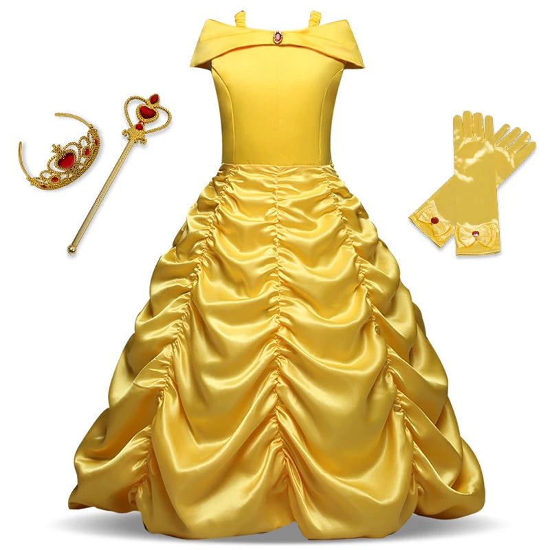 Yellow princess dress with a ruched satin skirt, off-shoulder top, and red jewel accents. Includes matching crown, scepter, and gloves with red jewels.