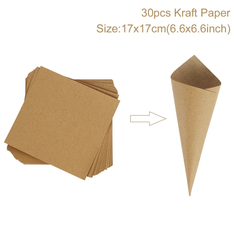 Stack of 30 square kraft paper sheets, size 17x17 cm, shown alongside a folded cone. An arrow indicates the transformation from flat sheet to cone shape.