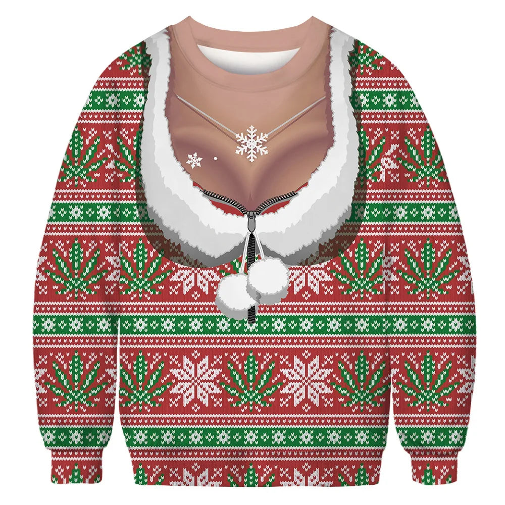 Festive sweater featuring a printed design of a low-cut Santa jacket with snowflakes and green leaf patterns, creating a playful and holiday-themed appearance.
