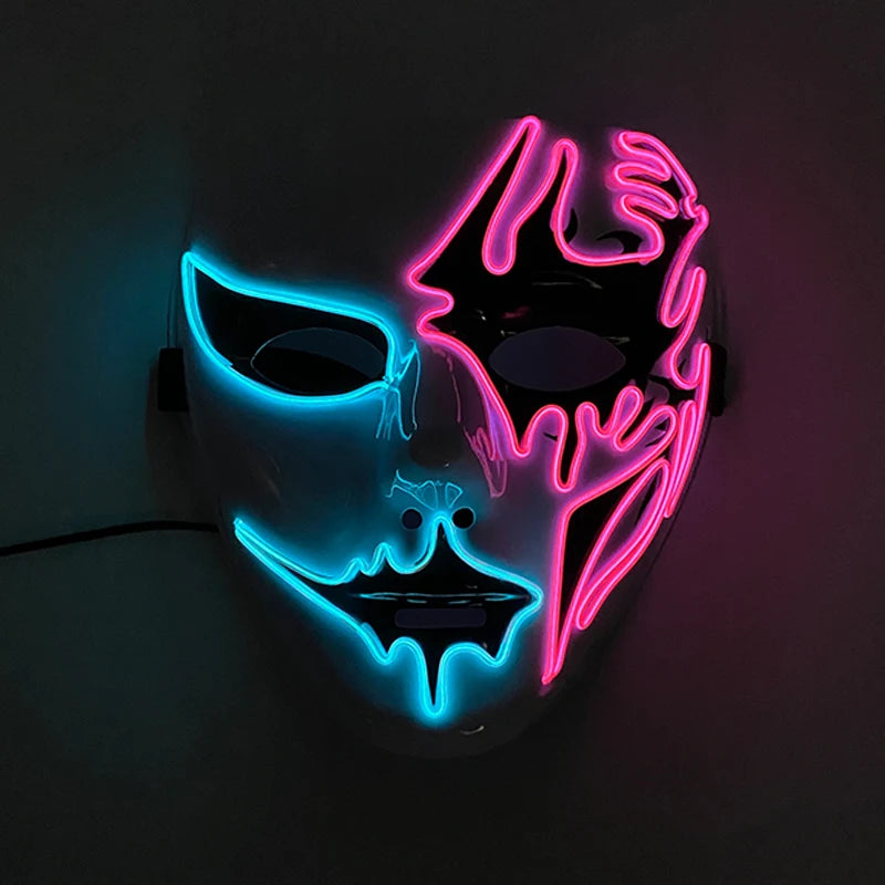 A white mask with glowing neon patterns in blue and pink, featuring stylized eyes and abstract designs. The left side is blue, and the right side is pink, creating a vibrant contrast.