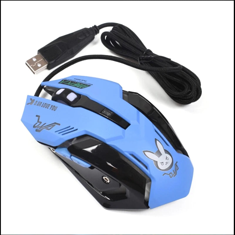 Blue gaming mouse with a USB cable, featuring a bunny logo and "D.Va Love You" text. Black accents and buttons are visible. Designed for gaming enthusiasts.
