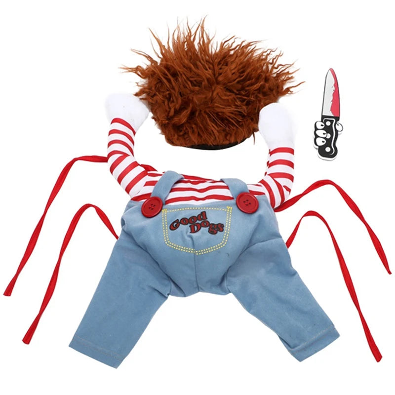 Dog costume resembling a doll with red hair, striped shirt, and denim overalls reading "Good Dogs." Includes red ribbons as attachments and a toy knife accessory.