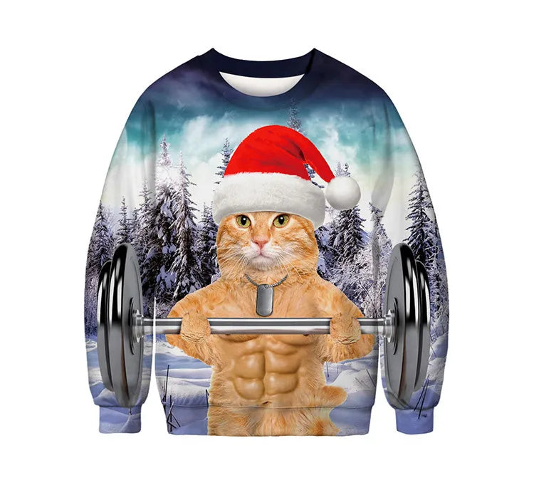 Cat in a Santa hat lifting a barbell with muscles, set against a snowy forest background on a sweatshirt.