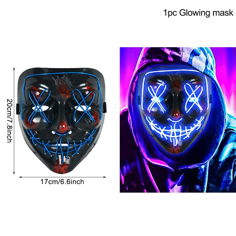 Glowing black mask with blue LED lights forming X eyes and a stitched smile. Dimensions shown are 17cm x 20cm. Model wears the mask with a hoodie in a neon-lit setting.
