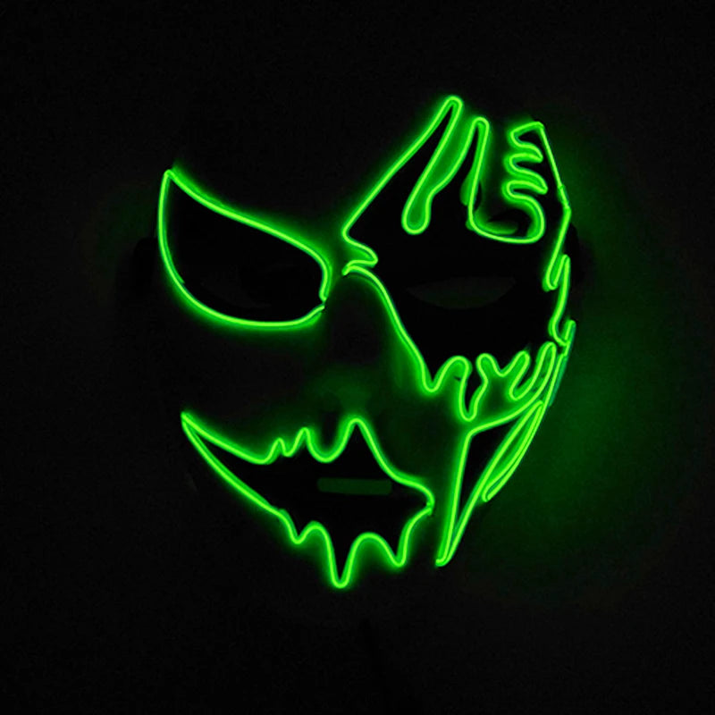 Eerie mask with glowing green neon lines and menacing eyes and mouth on a black background. The mask has an abstract, dripping pattern, creating a spooky effect.