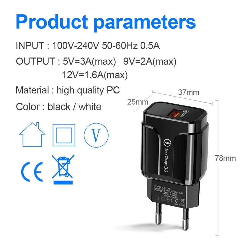 Black charger with dimensions 78x37x25mm. Input: 100-240V, 50-60Hz, 0.5A. Output: 5V-3A, 9V-2A, 12V-1.6A. Made of high-quality PC. Available in black or white.