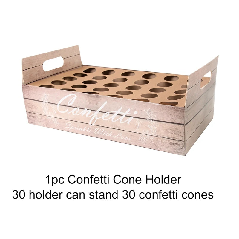 Wooden confetti cone holder with 30 slots and handles, marked "Confetti Sprinkle With Love." Text below reads, "1pc Confetti Cone Holder, 30 holder can stand 30 confetti cones."