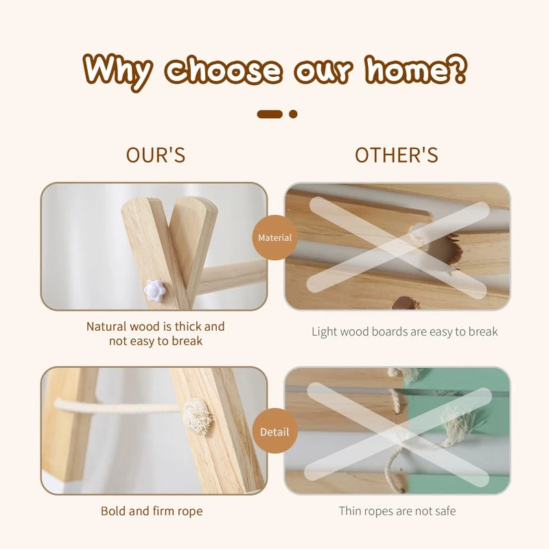 Comparison of wood construction quality: left shows thick, durable wood and strong rope; right shows thin, breakable boards and fragile rope. Text highlights reliability.