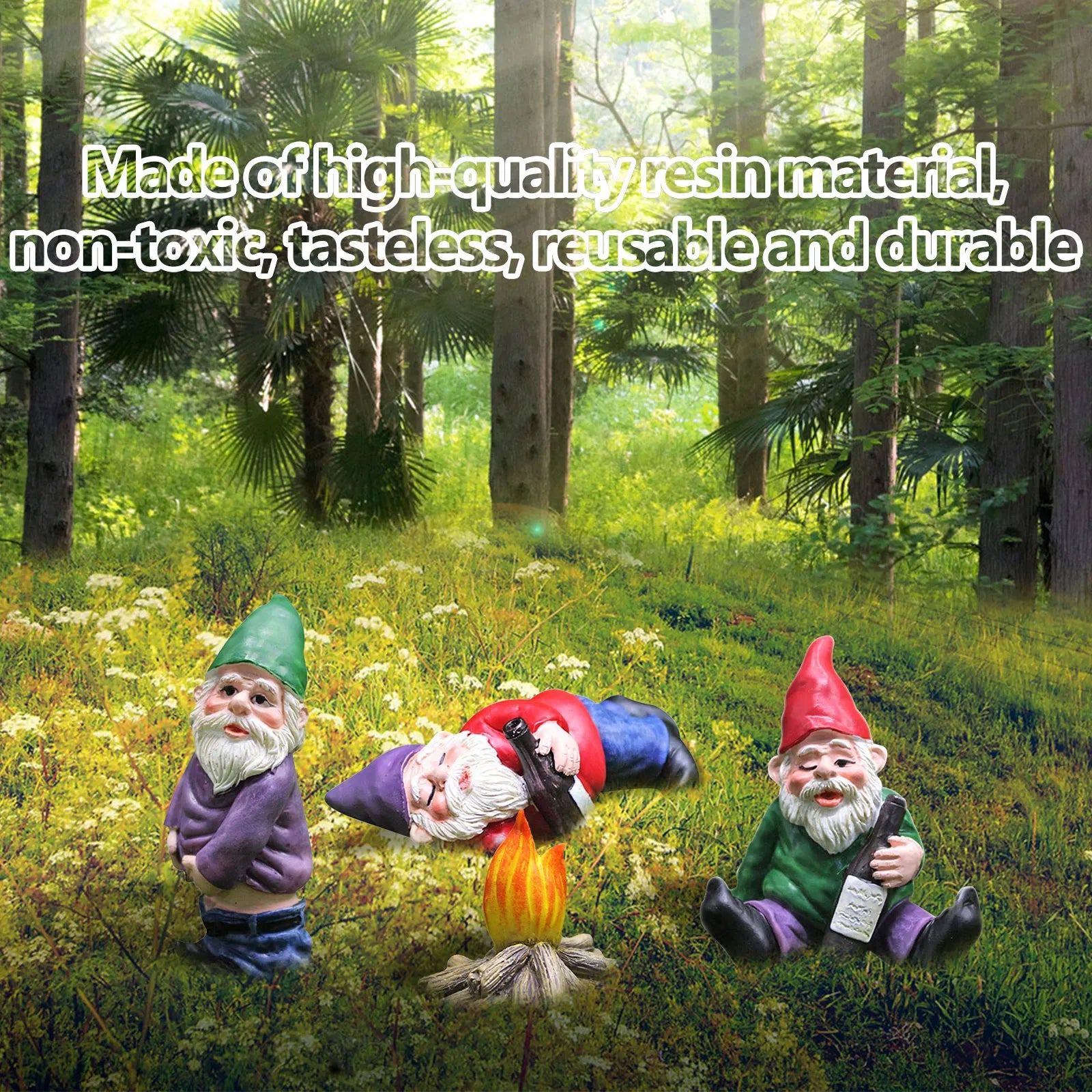 Three garden gnomes with beards are in a forest: one stands, one lounges near a campfire, and another sits with a bottle. Text above describes them as durable and reusable.