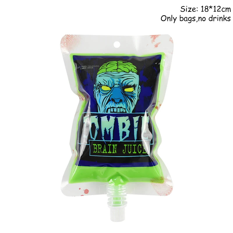 Clear pouch labeled "Zombie Brain Juice" with a cartoon zombie face. The pouch measures 18x12 cm, intended for drinks. Bold text: "Only bags, no drinks."