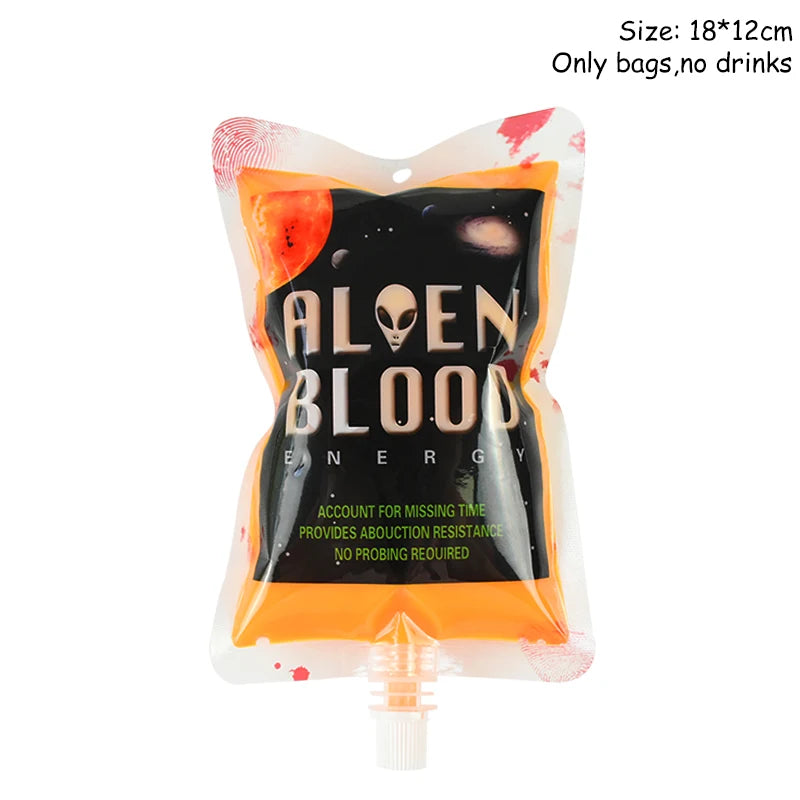 A novelty pouch labeled "Alien Blood Energy." It features a space theme with an alien face and humorous text. The pouch is orange, measuring 18x12 cm, with no liquid included.