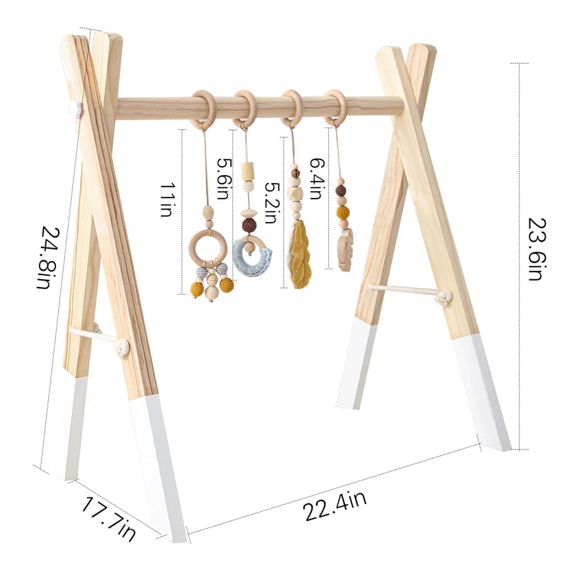 Wooden baby gym with hanging toys and beads, featuring adjustable rods. Dimensions shown are 24.8in height, 22.4in width, and toys range from 5.2in to 6.4in in length.