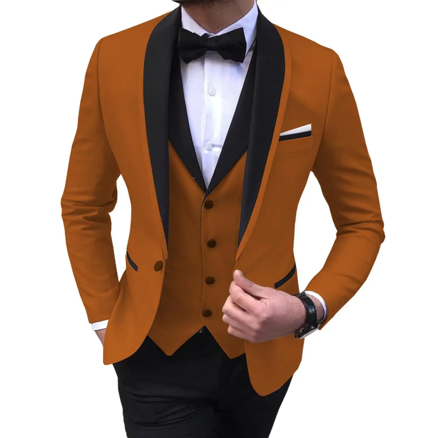 A man in a stylish orange suit with black lapels, a matching vest, white shirt, and black bow tie. He adjusts his jacket, showcasing a pocket square and wearing a watch.