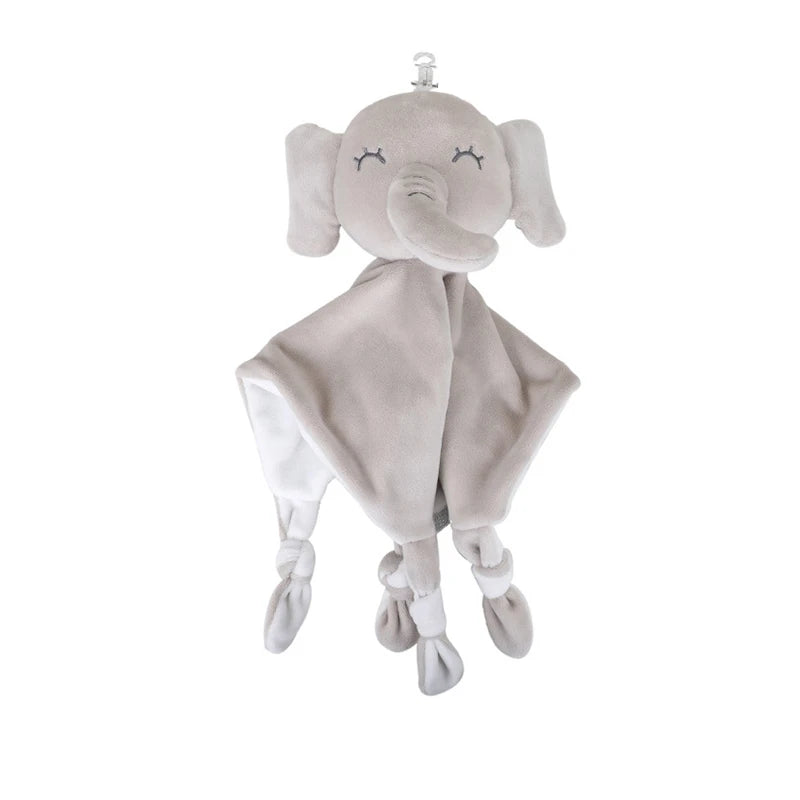 Gray plush elephant baby blanket with knotted corners and closed eyes, designed for comfort. Features soft fabric and an attached pacifier clip on top.