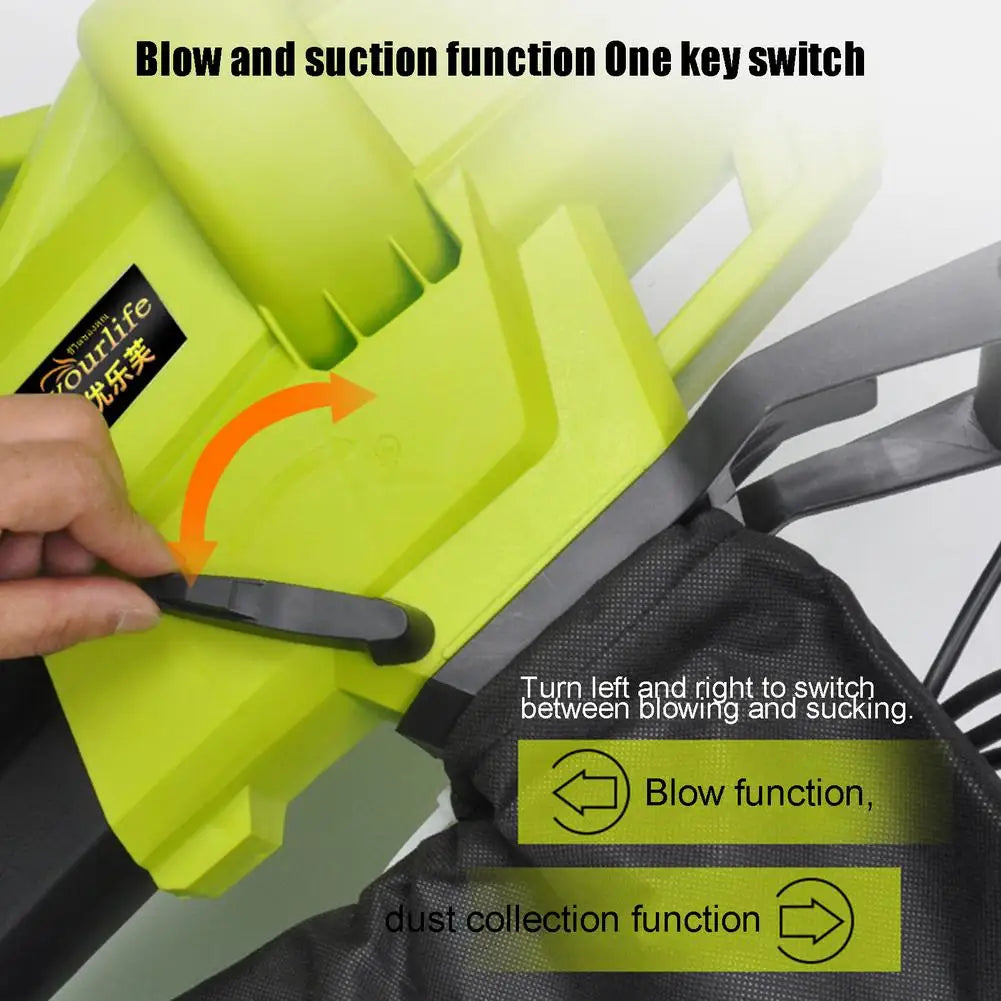 Close-up of a green device with a switch for blow and suction functions. The hand adjusts the switch with labeled indications for blowing and dust collection options.