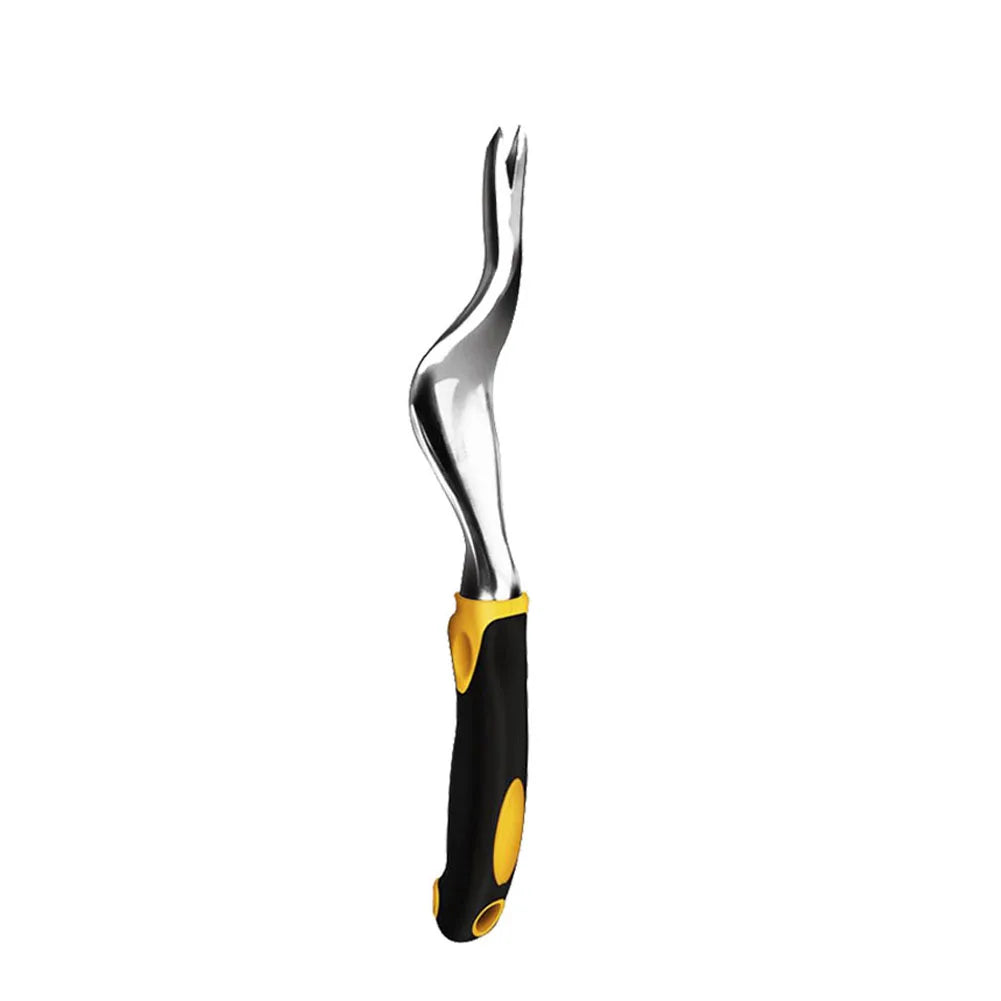 Stainless steel weeder tool with a curved blade and ergonomic black and yellow handle, designed for easy weed removal in gardening.