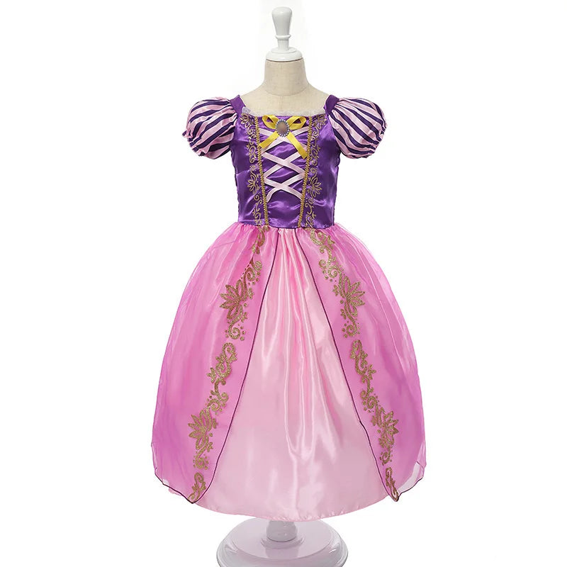 Pink and purple princess dress with puffed sleeves, lace-up bodice, and gold floral embroidery on a full-length skirt, displayed on a mannequin.