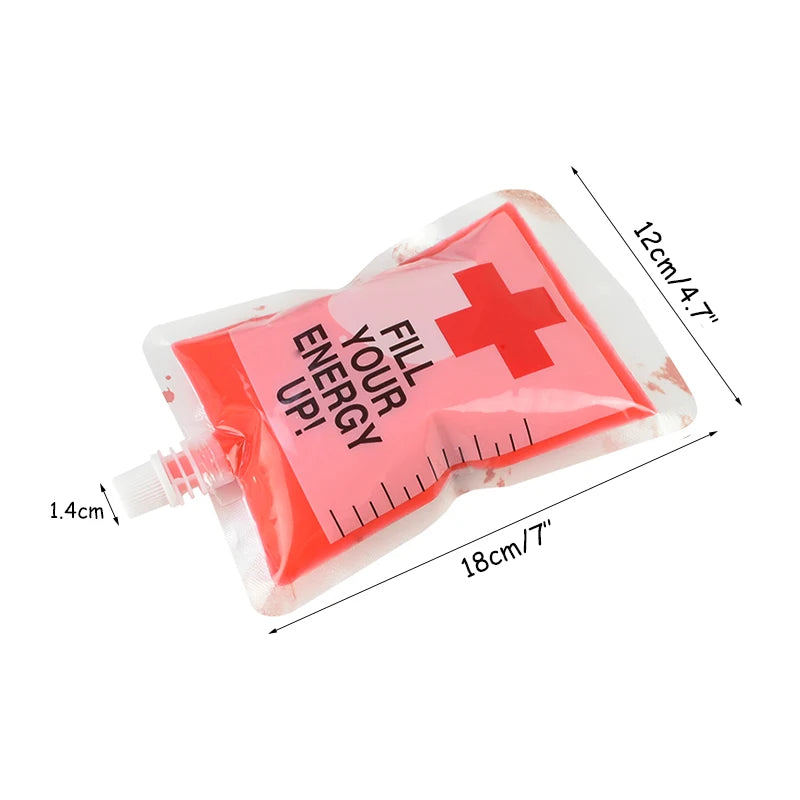 Red pouch with white cap labeled "Fill Your Energy Up!" featuring a red cross. Dimensions noted as 12cm by 18cm by 1.4cm.