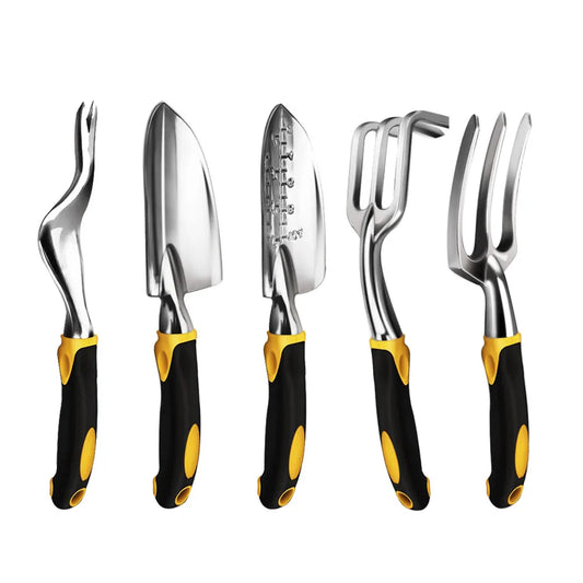 Set of five gardening tools with silver metal heads and black handles featuring yellow accents; includes a weeder, trowel, transplanter, cultivator, and fork, aligned side by side.