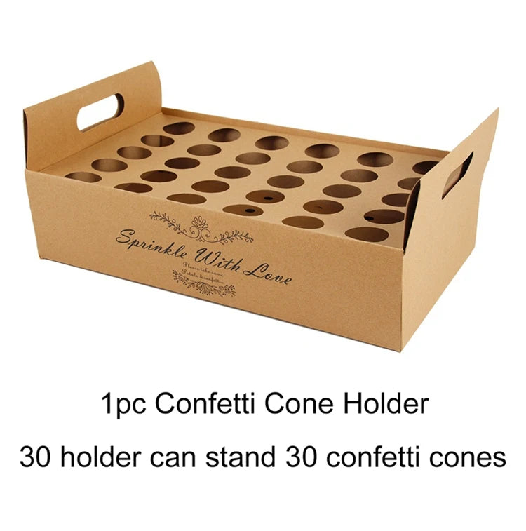 Brown cardboard confetti cone holder with 30 circular slots and decorative text reading "Sprinkle With Love." Accompanied by text: "1pc Confetti Cone Holder, 30 holder can stand 30 confetti cones."