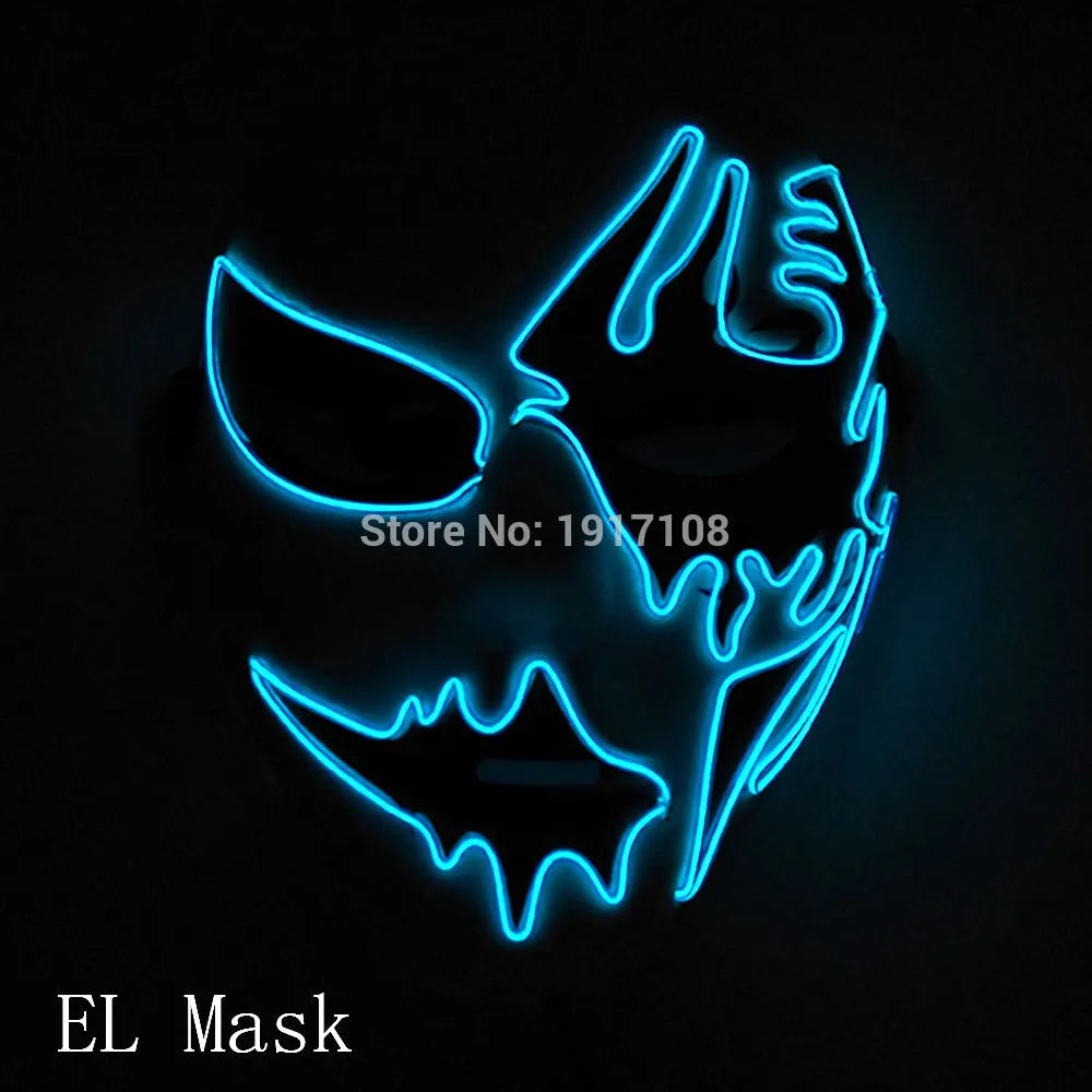 A blue neon mask with jagged, abstract shapes resembling a face, set against a black background with the text "EL Mask" and "Store No: 1917108" visible in the center.