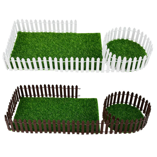 Two sets of mini artificial grass gardens with picket fences. The top has a white fence and the bottom a brown one, both featuring a rectangular and circular section of grass.