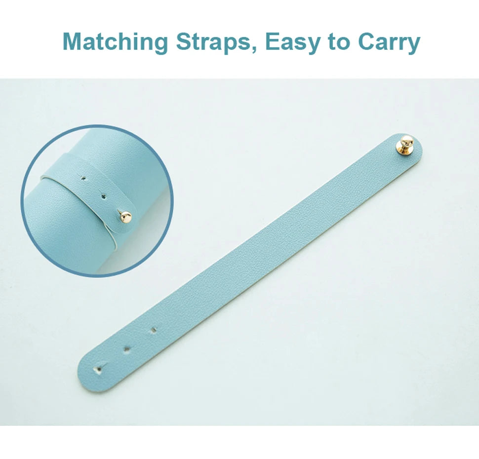 Light blue strap with a gold button, shown unrolled and wrapped, highlighting its matching design. Text above reads: "Matching Straps, Easy to Carry."