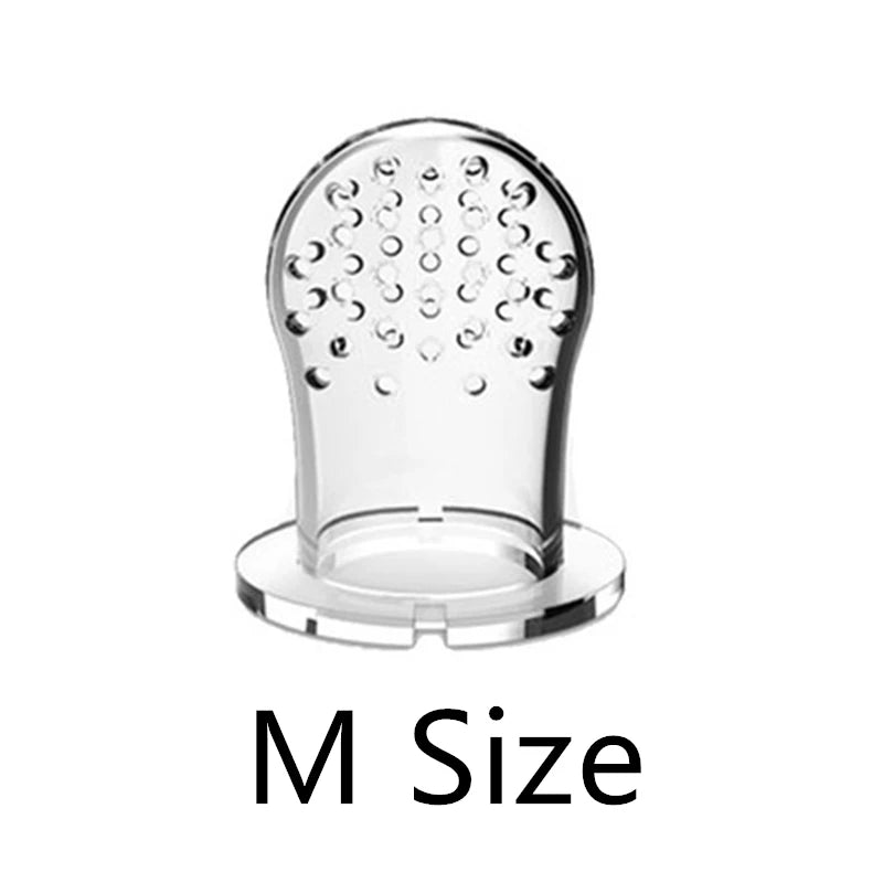 Clear silicone baby bottle nipple with a textured design for medium flow. The base is wide, providing stability. Labeled "M Size" below the image.