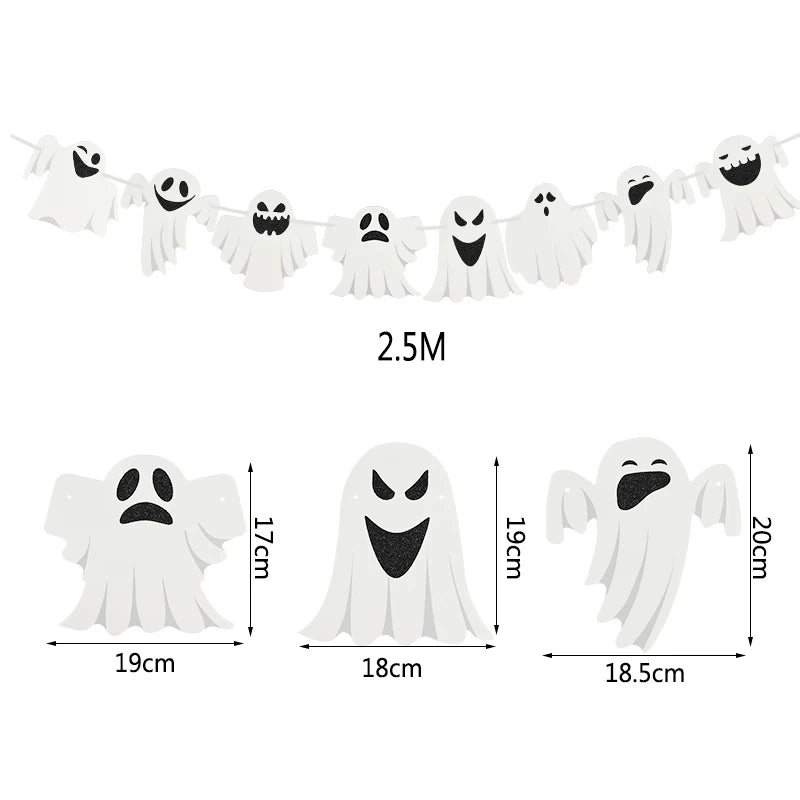 A decorative 2.5-meter garland featuring various white ghost cutouts with different facial expressions. Below the garland, three standout ghost designs are shown, each with its dimensions: 19cm, 18cm, and 18.5cm wide, and 17cm, 19cm, and 20cm tall, respectively.