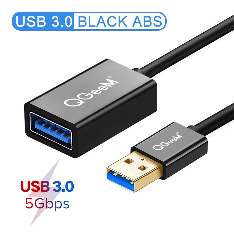 Black QGeeM USB 3.0 adapter with gold-plated connectors, offering data transfer speeds up to 5Gbps. Connected by a black cable, with "USB 3.0 BLACK ABS" text above.