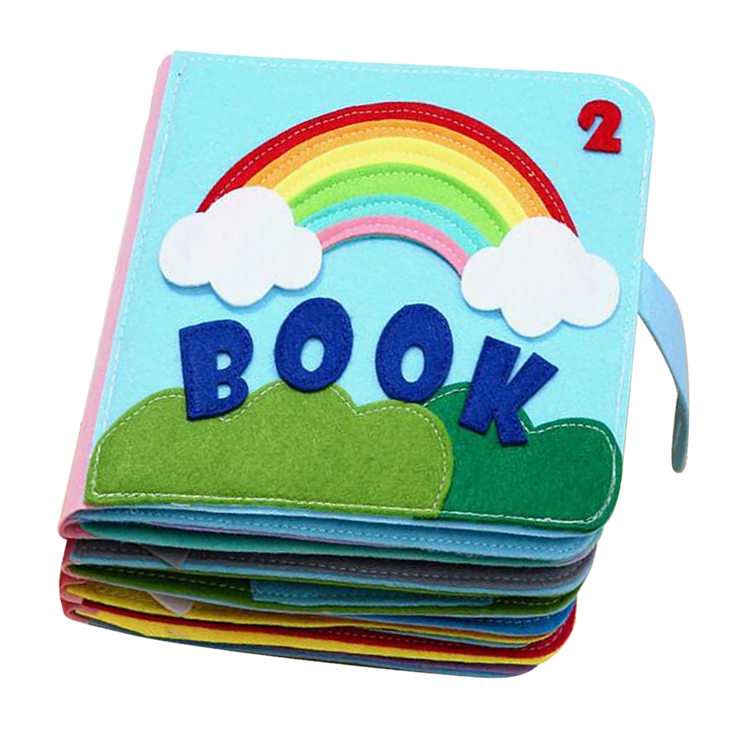 Colorful felt children's book with a rainbow, clouds, and green landscape on the cover. The word "BOOK" and the number "2" are prominently displayed in blue and red.