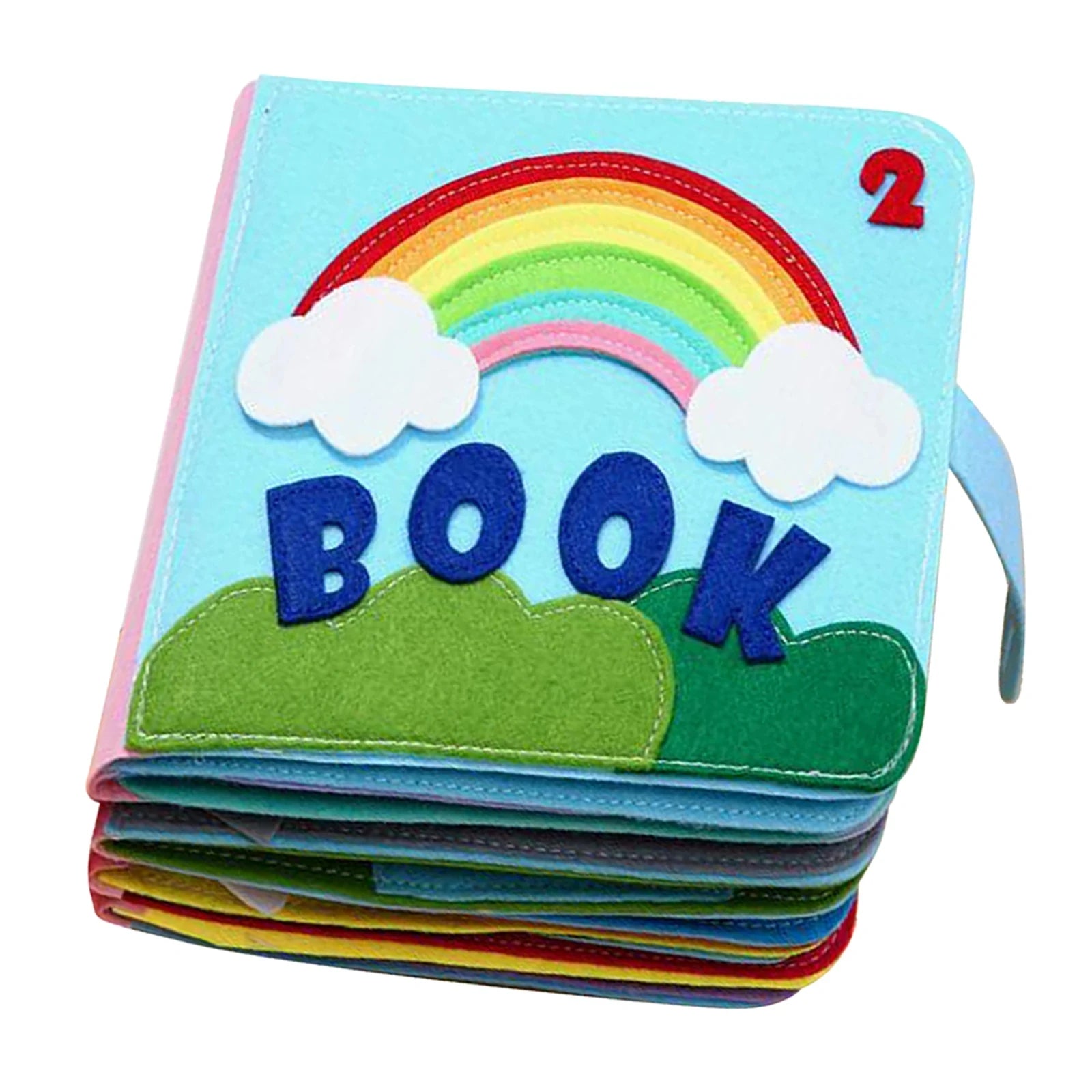 Colorful felt children's book with a rainbow, clouds, and green landscape on the cover. The word "BOOK" and the number "2" are prominently displayed in blue and red.