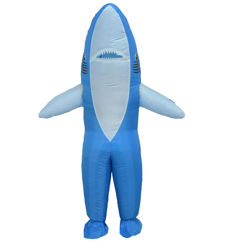 Inflatable blue shark costume with fins extended and detailed facial features, standing upright against a white background.