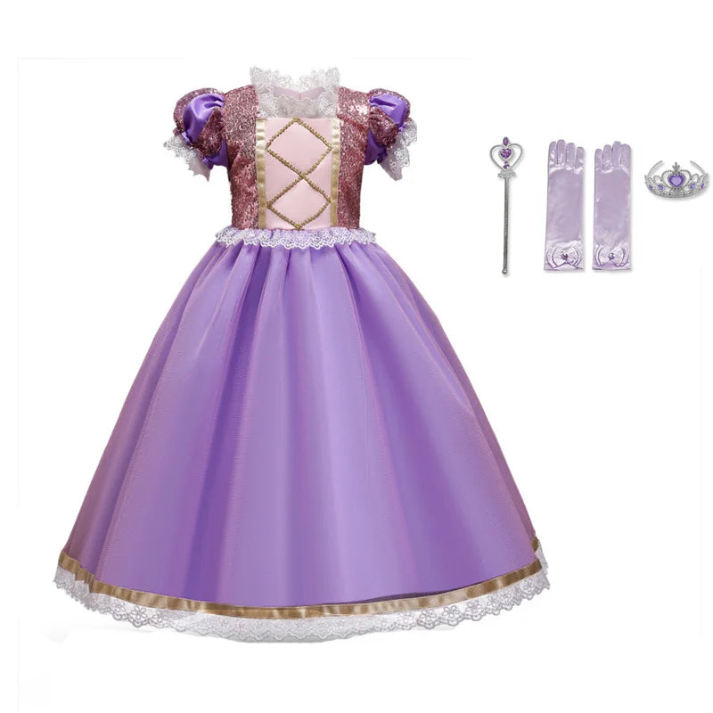Purple princess dress with gold and lace details, puffy sleeves, and a full skirt. Accessories include a wand, gloves, and a tiara with purple jewels.