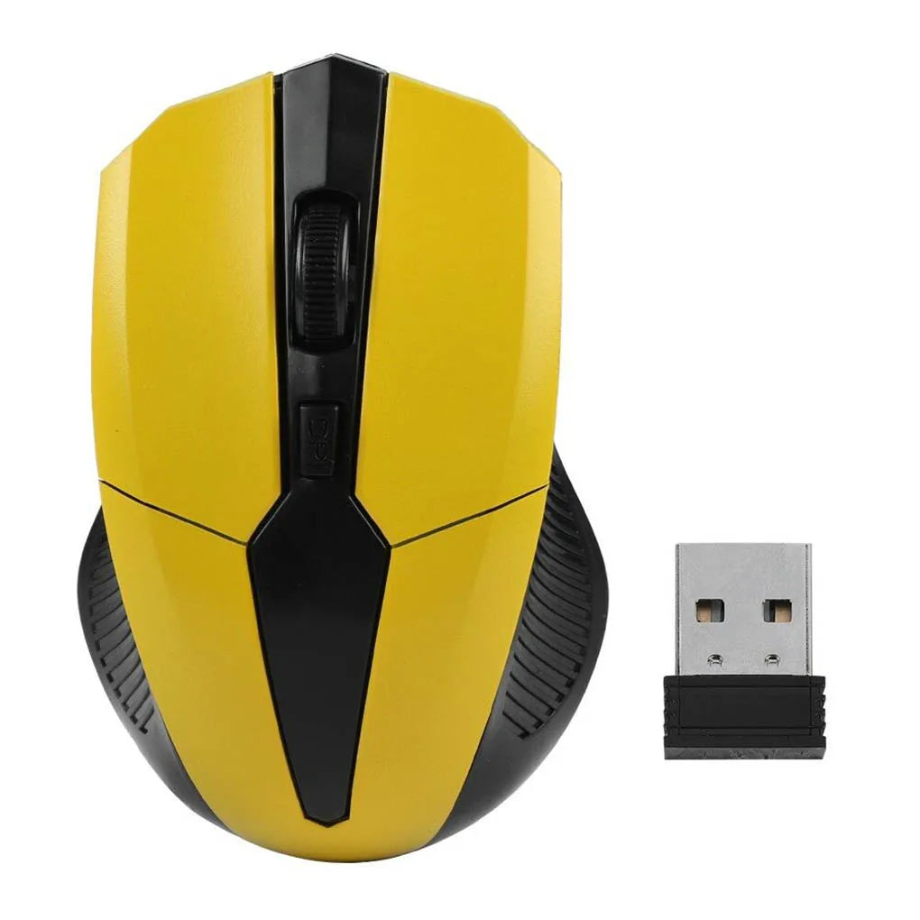 Yellow and black wireless computer mouse with ergonomic design next to a USB receiver. The mouse features a scroll wheel and side grips for comfort and precision.