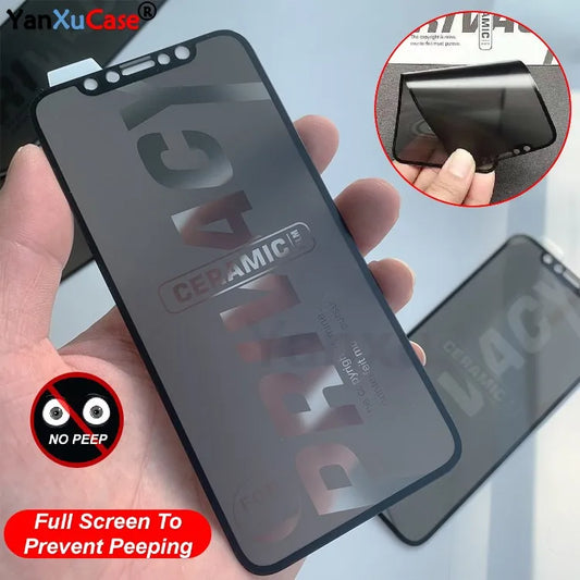Privacy screen protector for a smartphone, featuring ceramic material. Text reads "Full Screen to Prevent Peeping" with an illustration indicating peep prevention.