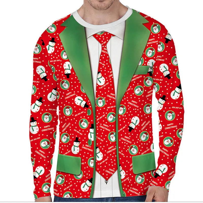 A man wearing a festive Christmas sweater designed as a suit, featuring a red base with snowmen, Santa faces, "Ho Ho Ho" text, a green collar, and matching tie pattern.