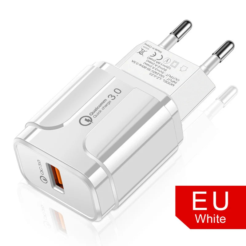 White EU wall charger featuring Qualcomm Quick Charge 3.0 technology with a single orange USB port, designed for fast charging small electronic devices.