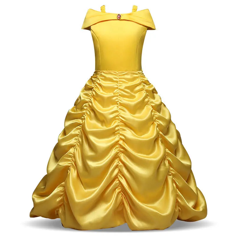 Bright yellow princess ball gown with an off-shoulder neckline, ruched satin fabric, and a jeweled accent in the center of the bodice.
