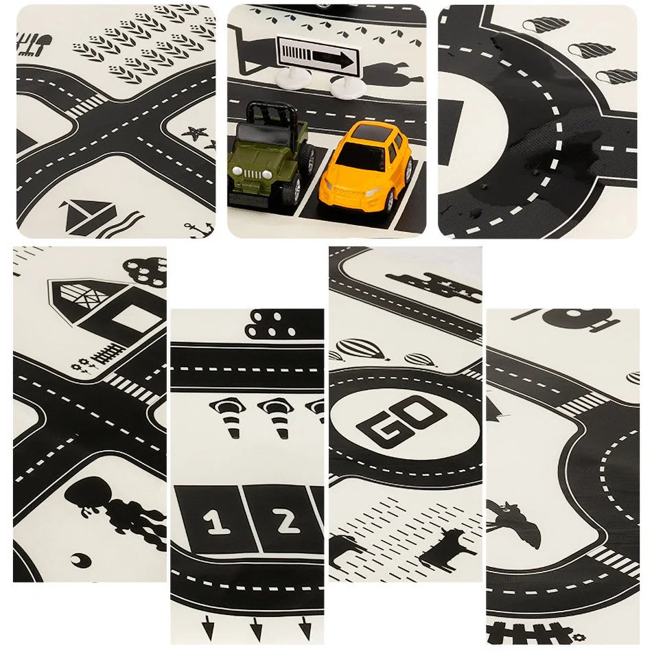 Children's play mat with a black and white road pattern, featuring various intersections, a farm, "GO" area, and two toy cars—a yellow SUV and a green jeep—parked on it.
