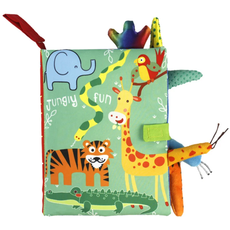 Colorful children's fabric book with jungle animals, including an elephant, snake, giraffe, parrot, tiger, and crocodile. Text reads "Jungly Fun." Various plush elements protrude from the edges.