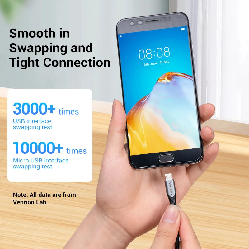 Hand holding a smartphone, plugging in a Vention micro USB cable. Text reads "Smooth in Swapping and Tight Connection," with testing stats for USB and micro USB interfaces.