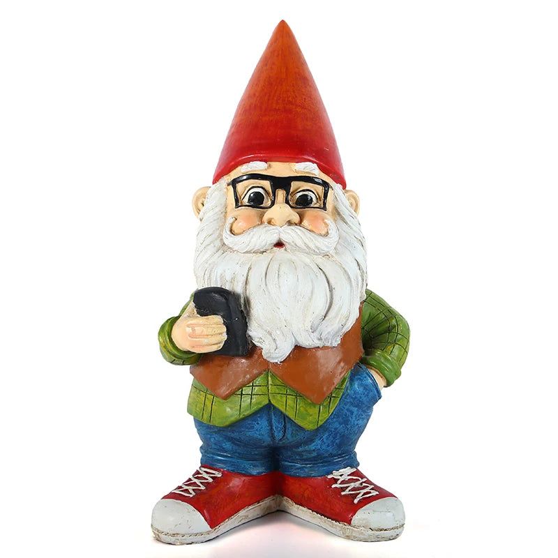 A garden gnome with a red hat, glasses, and a white beard holds a smartphone. Wearing a green shirt, brown vest, and red sneakers, he poses confidently with one hand in his pocket.