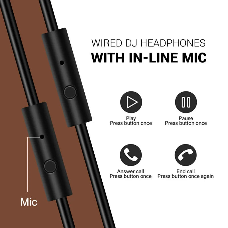 Black wired DJ headphones with an in-line mic. Illustrated buttons demonstrate functions: play, pause, answer, and end calls by pressing once.