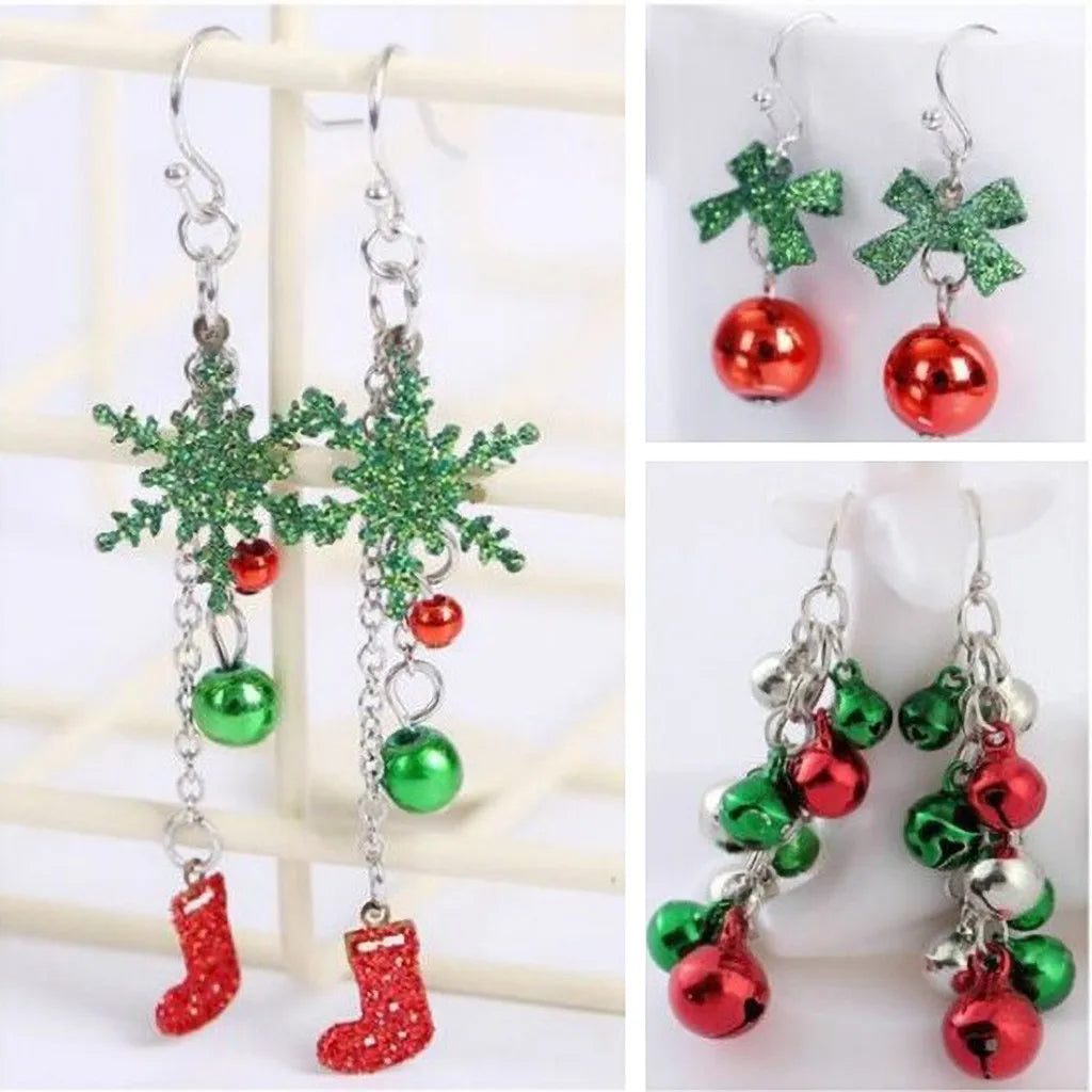 Festive earrings: green glitter snowflakes with red and green bells, red stockings; green bows with red baubles; red, green, and silver clusters of jingle bells.