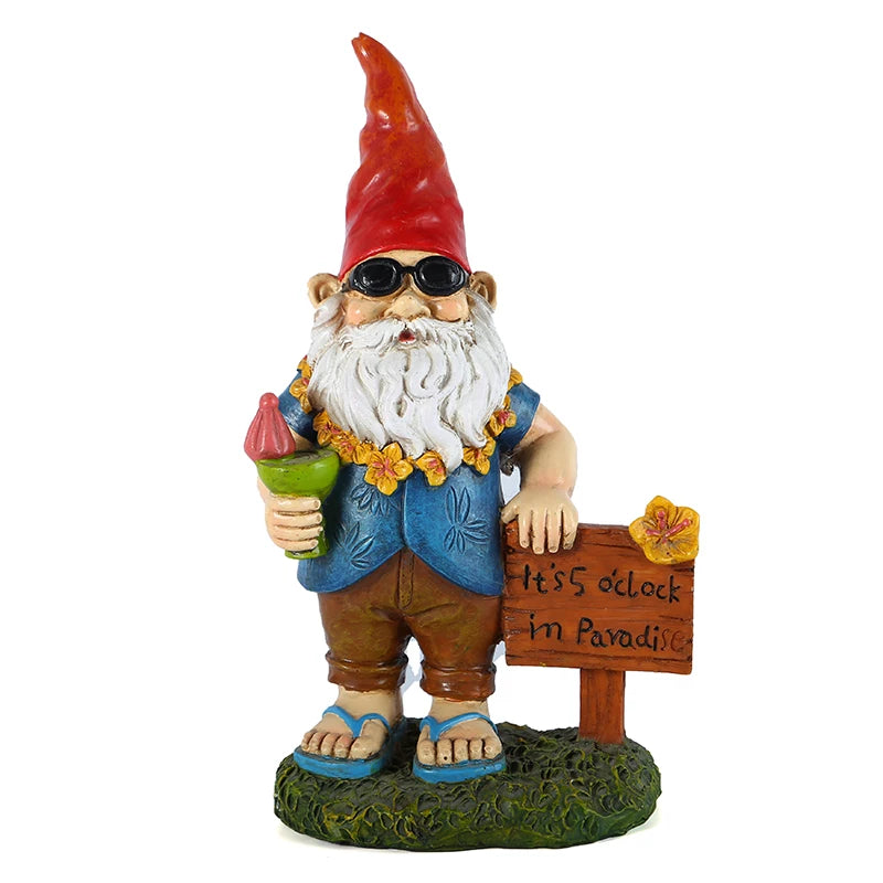 A garden gnome with a red hat, sunglasses, and a blue shirt holds a green drink. A sign reads "It's 5 o'clock in Paradise." The gnome stands on grass, wearing sandals and a flower lei.