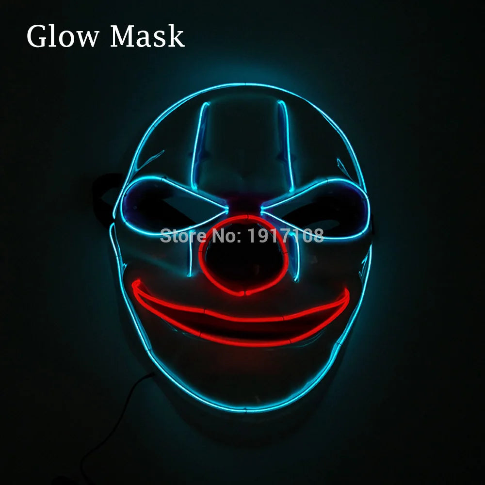 Glowing clown mask with neon blue and red outlines, featuring a wide grin and round nose. The phrase "Glow Mask" is displayed in the top left corner.