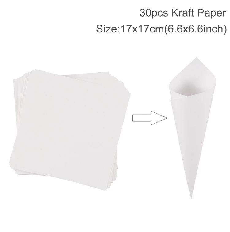 A stack of 30 square kraft paper sheets, each measuring 17x17 cm (6.6x6.6 inches). An arrow points to a single sheet rolled into a cone shape.